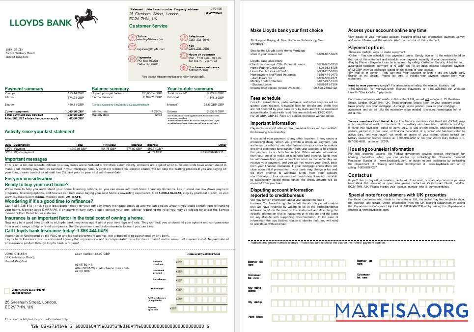 Vereinigtes Königreich Lloyds Bank Hypothek Kontoauszug in Word and PDF Formate, 2 pages Vorschau