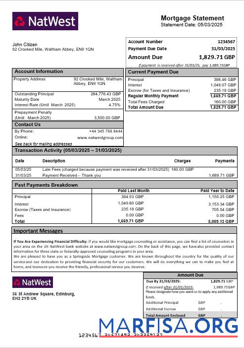 Vereinigtes Königreich NatWest Bank Hypothek Kontoauszug in Word and PDF Formate Vorschau