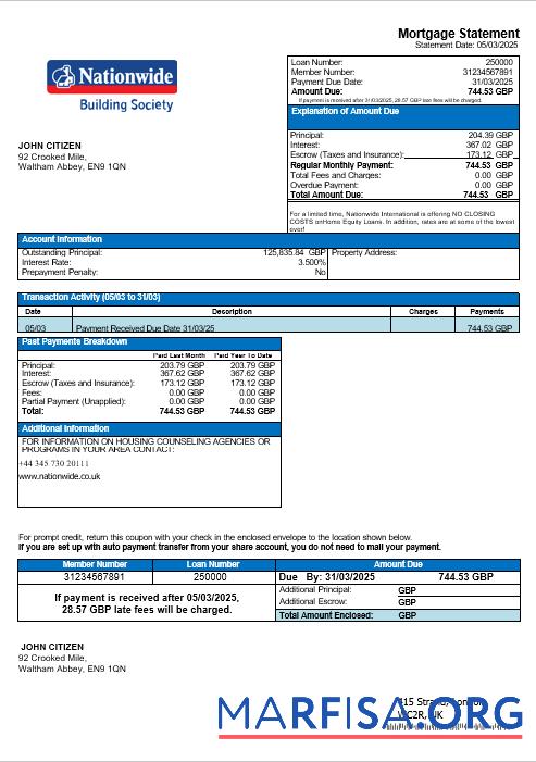 Vereinigtes Königreich Nationwide Bank Hypothek Kontoauszug in Word and PDF Formate Vorschau