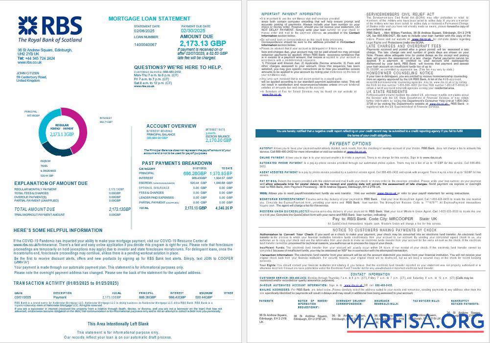 Vereinigtes Königreich Royal Bank of Scottish (RBS) Bank Hypothek Darlehen Kontoauszug in Word and PDF Formate , 4 pages 1 2 Vorschau