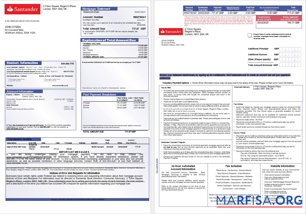 Vereinigtes Königreich Santander Bank Hypothek Kontoauszug in Word and PDF Formate, 3 pages 1 2 Mockup