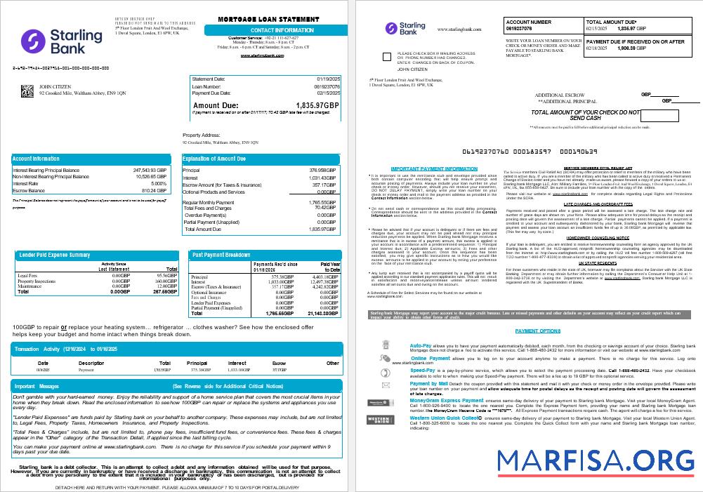 Vereinigtes Königreich Starling Bank Hypothek Darlehen Kontoauszug in Word and PDF Formate , 8 pages 1 2 Vorschau