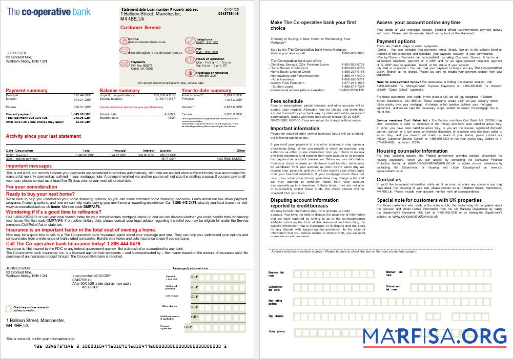 Vereinigtes Königreich The Co operative Bank Hypothek Kontoauszug in Word and PDF Formate, 2 pages Probe