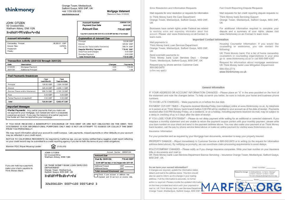 Vereinigtes Königreich Think Money Bank Hypothek Kontoauszug in Word and PDF Formate Vorlage
