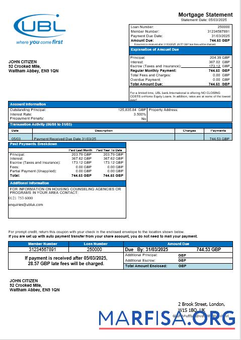Vereinigtes Königreich United Bank Ltd (UBL) Bank Hypothek Kontoauszug in Word and PDF Formate Vorschau