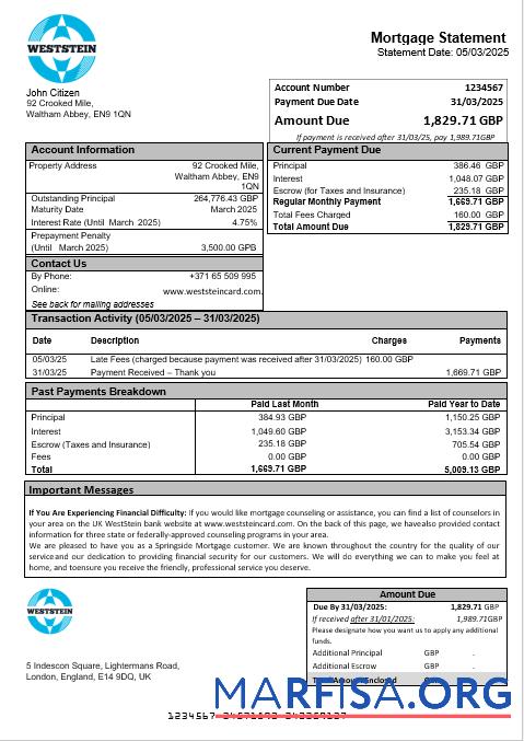 Vereinigtes Königreich WestStein Bank Hypothek Kontoauszug in Word and PDF Formate Vorlage