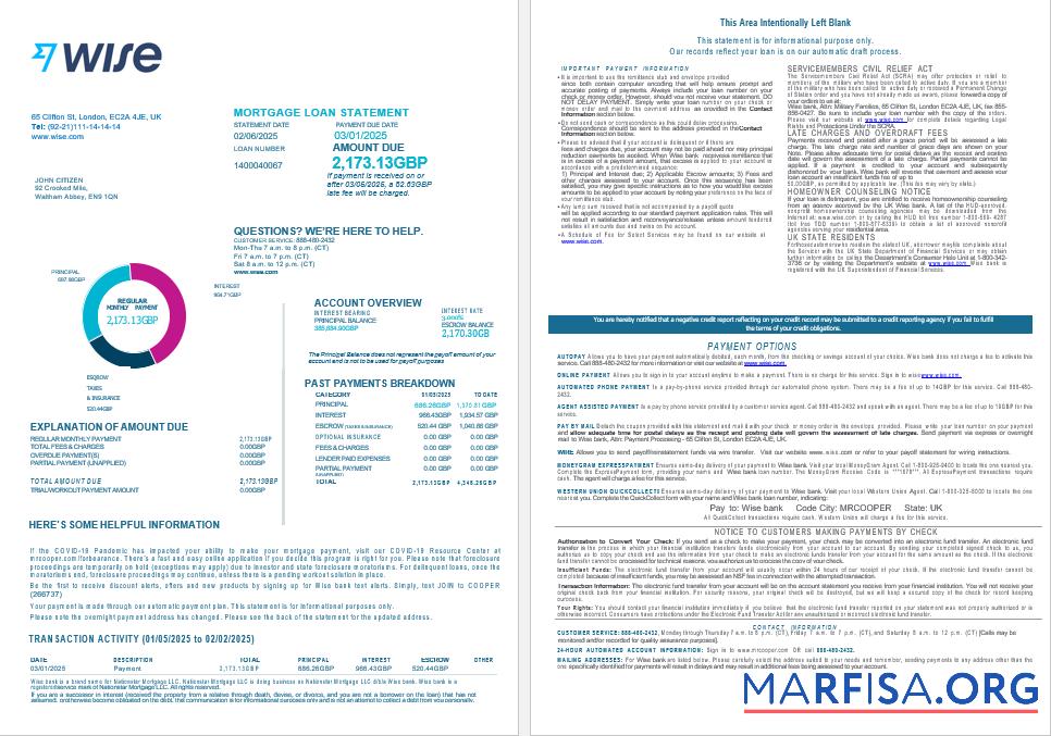 Vereinigtes Königreich Wise Bank Hypothek Darlehen Kontoauszug in Word and PDF Formate , 4 pages 1 2 Probe