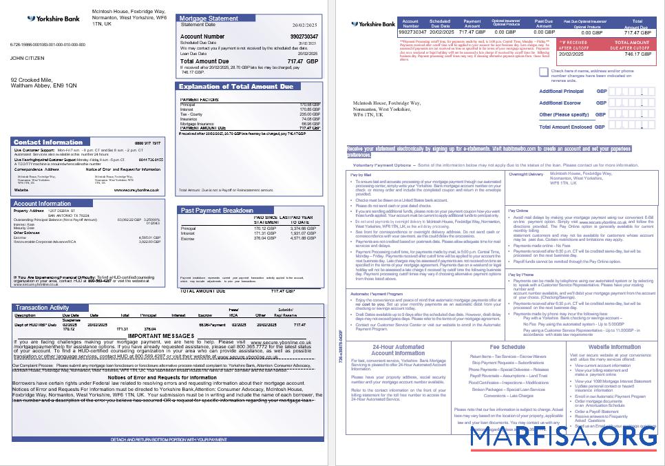 Vereinigtes Königreich Yorkshire Bank Hypothek Kontoauszug in Word and PDF Formate, 3 pages 1 2 Probe