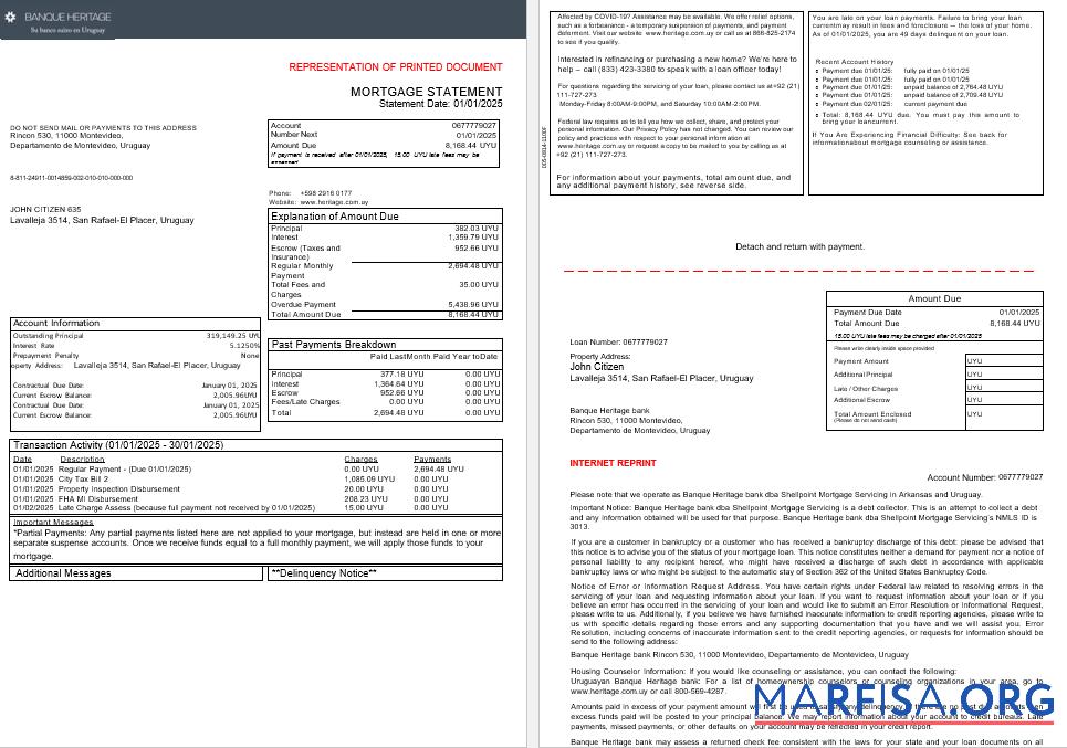 Uruguay Banque Heritage bankmortgage Kontoauszug in Word and PDF Formate, 3 pages 1 2 Probe