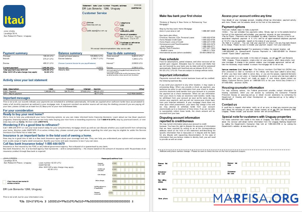 Uruguay Itau Bank Hypothek Kontoauszug in Word and PDF Formate, 2 pages Vorlage