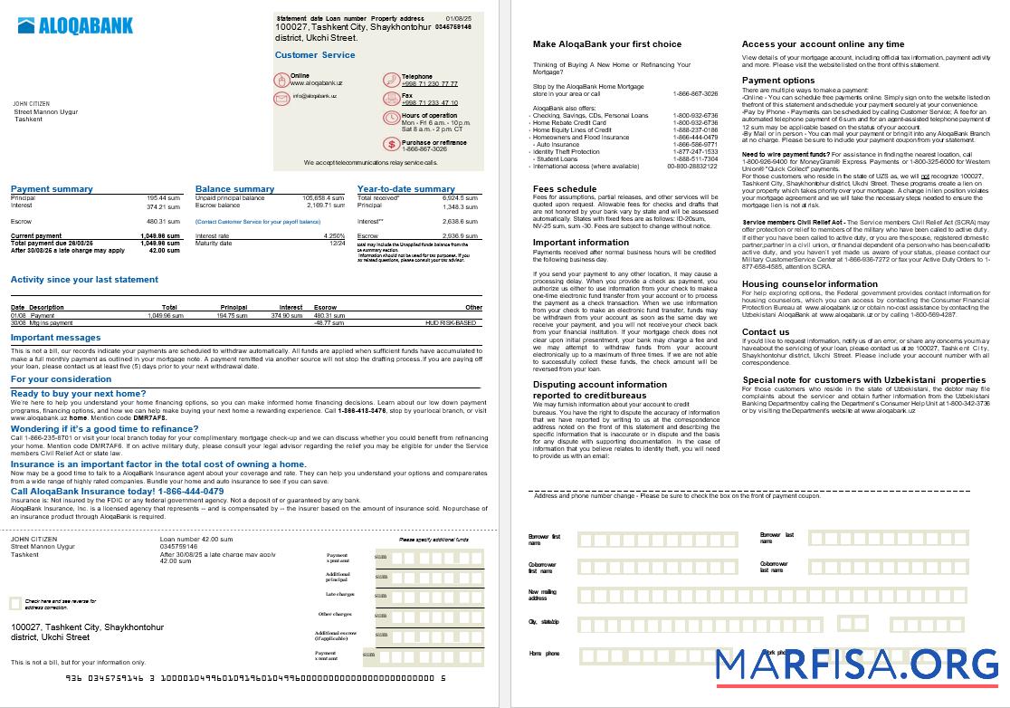 Uzbekistani Aloqabank Hypothek Kontoauszug in Word and PDF Formate, 2 pages Vorlage