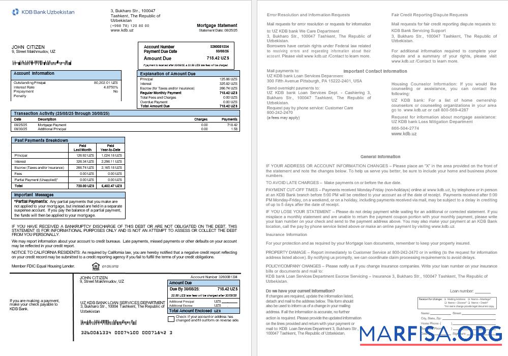 Uzbekistani KDB Bank Hypothek Kontoauszug in Word and PDF Formate Vorlage