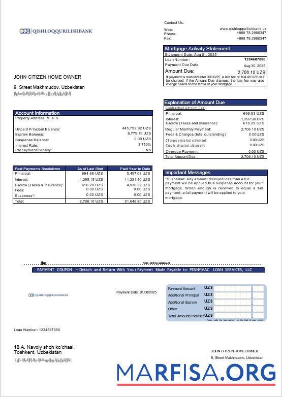 Uzbekistani Qishloq Qurilish Bank Hypothek Kontoauszug in Word and PDF Formate Probe