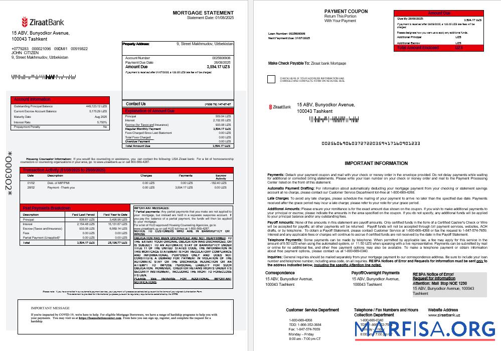 Uzbekistani Ziraat Bank Hypothek Kontoauszug in Word and PDF Formate 1 2 Vorschau
