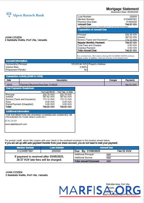 Vanuatu Alpen Baruch Bank Hypothek Kontoauszug in Word and PDF Formate Probe