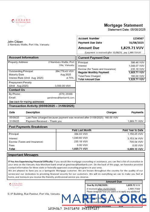 Vanuatu Asia Merchant Bank Hypothek Kontoauszug in Word and PDF Formate Vorschau