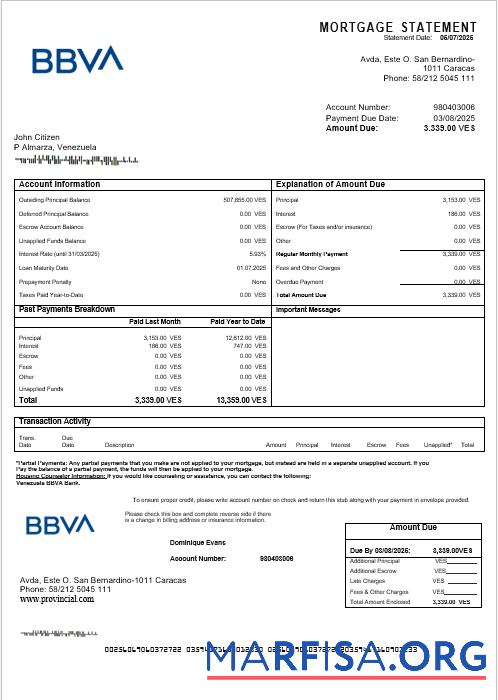 Venezuela BBVA Bank Hypothek Kontoauszug in Word and PDF Formate Vorschau