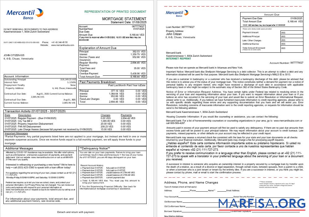 Venezuela Mercantil Bank Hypothek Kontoauszug in Word and PDF Formate, 3 pages 1 2 Vorlage