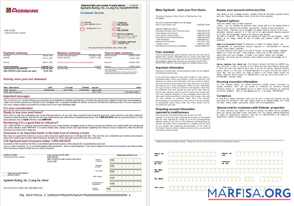 Vietnam Agribank Bank Hypothek Kontoauszug in Word and PDF Formate, 2 pages Design