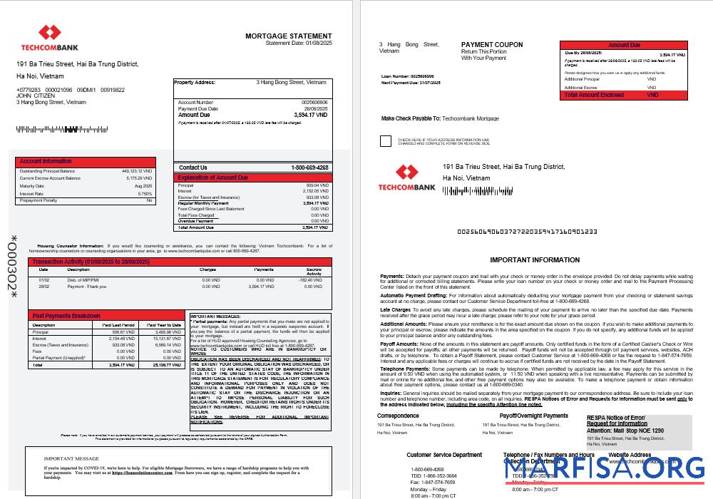 Vietnam Techcombank Hypothek Kontoauszug in Word and PDF Formate 1 2 Vorlage