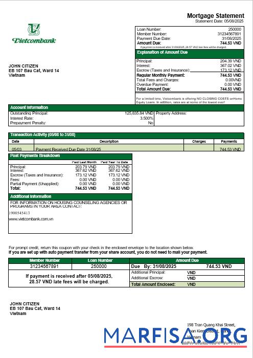 Vietnam Vietcombank Hypothek Kontoauszug in Word and PDF Formate Vorlage