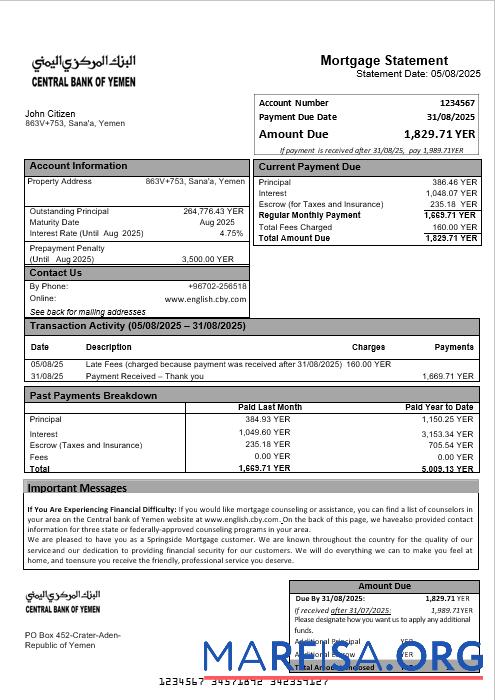 Yemeni Central Bank of Yemeni Bank Hypothek Kontoauszug in Word and PDF Formate Vorlage