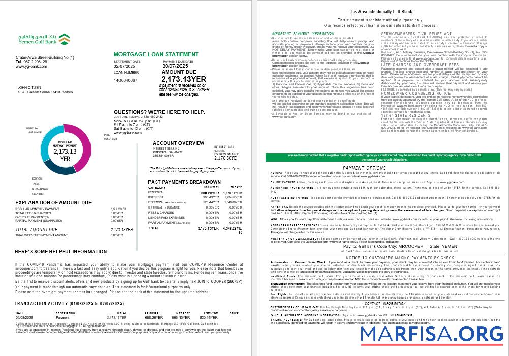 Yemeni Gulf Bank Hypothek Darlehen Kontoauszug in Word and PDF Formate , 4 pages 1 2 Mockup