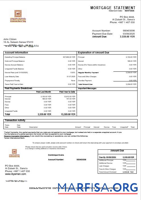 Yemeni International Bank Hypothek Kontoauszug in Word and PDF Formate Vorschau