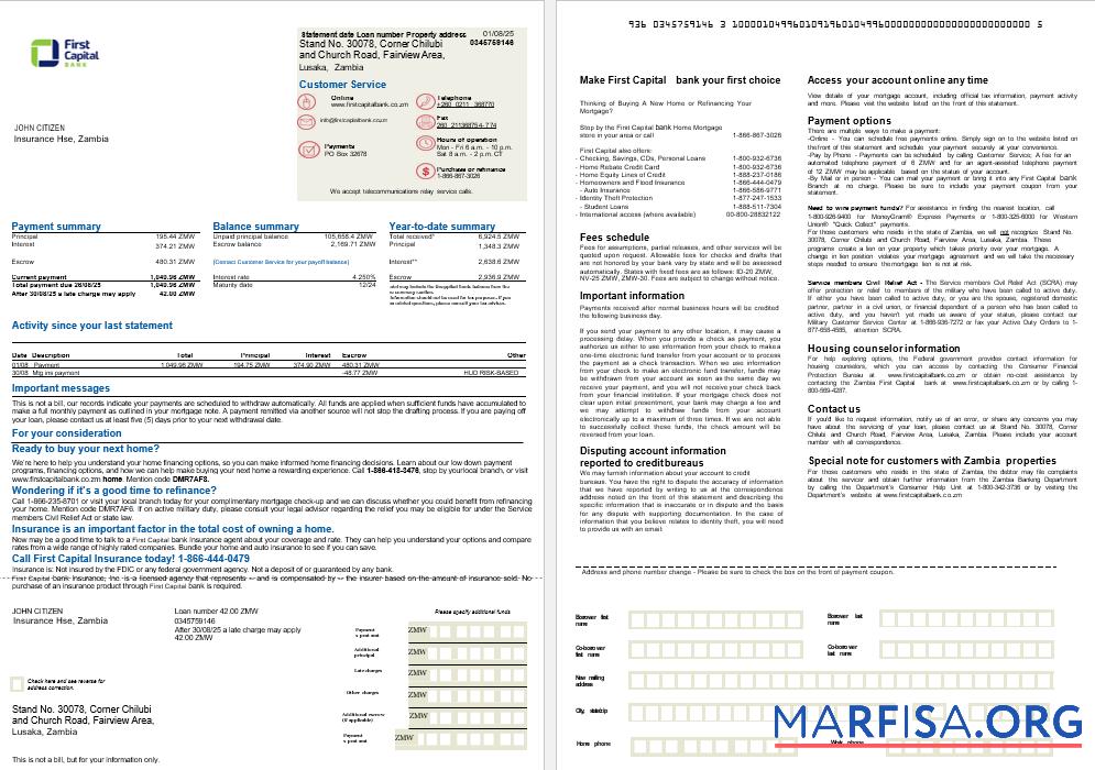 Sambia First Capital Bank Hypothek Kontoauszug in Word and PDF Formate, 2 pages Vorschau