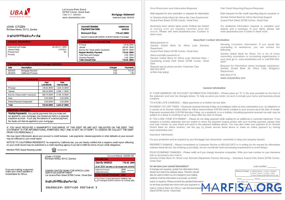 Sambia United Bank for Africa Bank Hypothek Kontoauszug in Word and PDF Formate Design