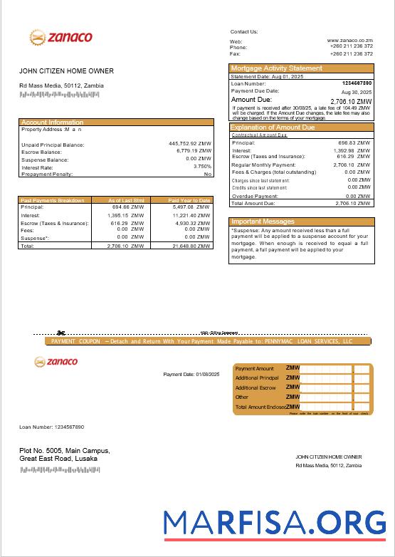 Sambia Zanaco Bank Hypothek Kontoauszug in Word and PDF Formate Vorschau