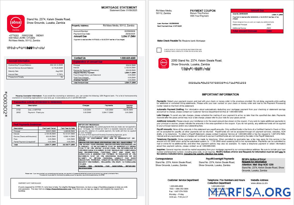 Zambian Absa Bank Hypothek Kontoauszug in Word and PDF Formate 1 2 Mockup