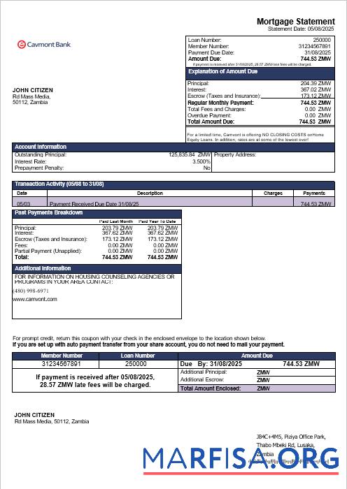 Zambian Cavmont Bank Hypothek Kontoauszug in Word and PDF Formate Design