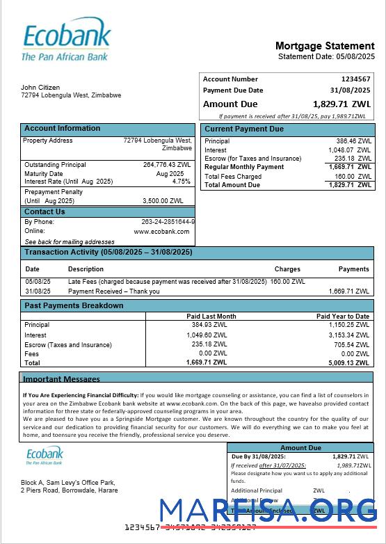 Simbabwe Ecobank Bank Hypothek Kontoauszug in Word and PDF Formate Design