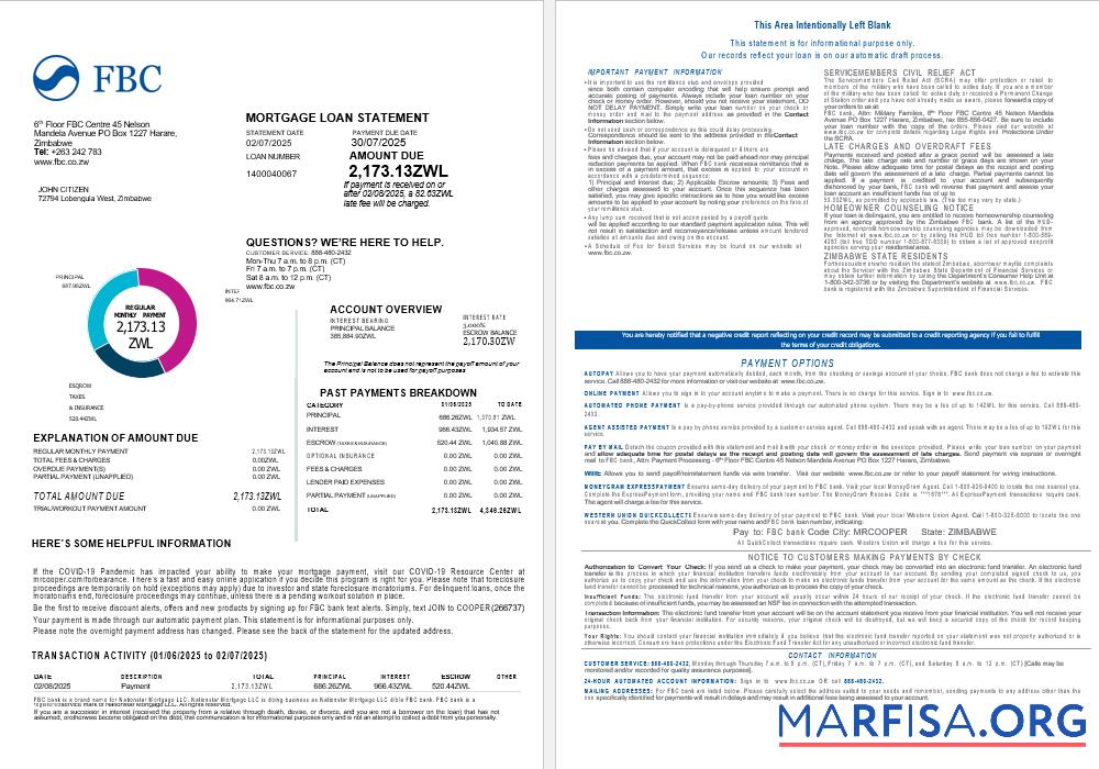 Simbabwe FBC Bank Hypothek Darlehen Kontoauszug in Word and PDF Formate , 4 pages 1 2 Mockup
