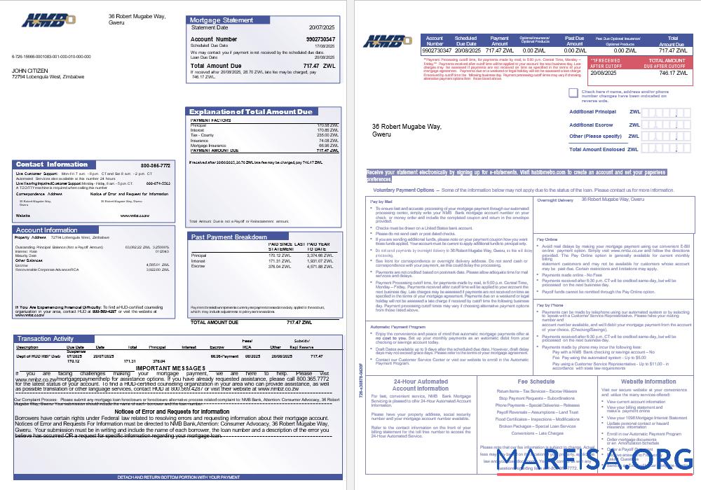 Simbabwe NMB Bank Hypothek Kontoauszug in Word and PDF Formate, 3 pages 1 2 Design