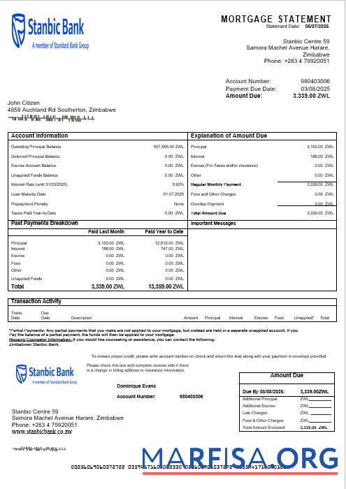 Zimbabwean Stanbic Bank Hypothek Kontoauszug in Word and PDF Formate Vorschau