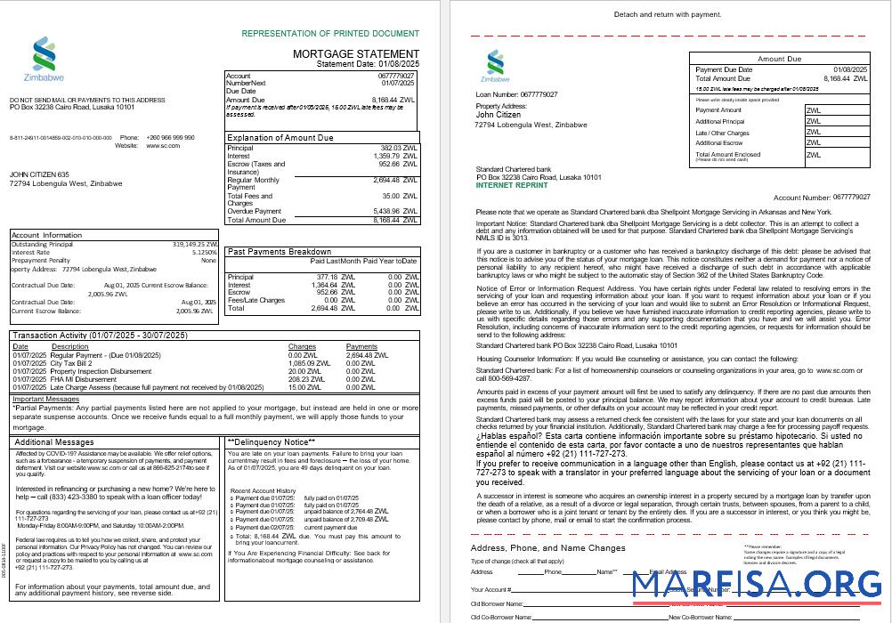 Zimbabwean Standard Chartered Bank Hypothek Kontoauszug in Word and PDF Formate, 3 pages 1 2 Mockup
