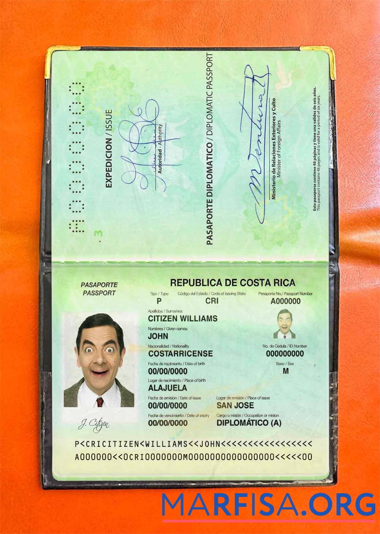 Costa Rica diplomatic Reisepass Foto look Vorlage