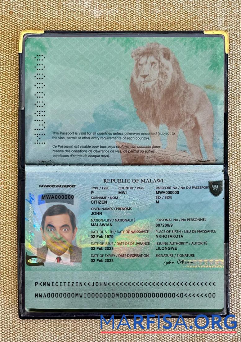 Malawi Reisepass 2023 Gegenwärtig Foto-Look Mockup