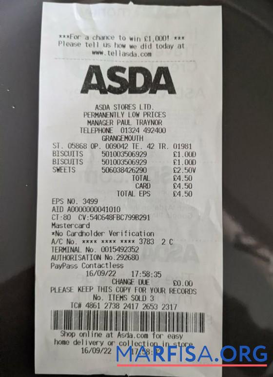 ASDA stores Zahlung Quittung Design