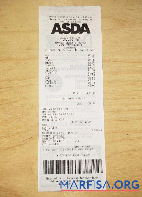 Asda store Zahlung Quittung Vorlage