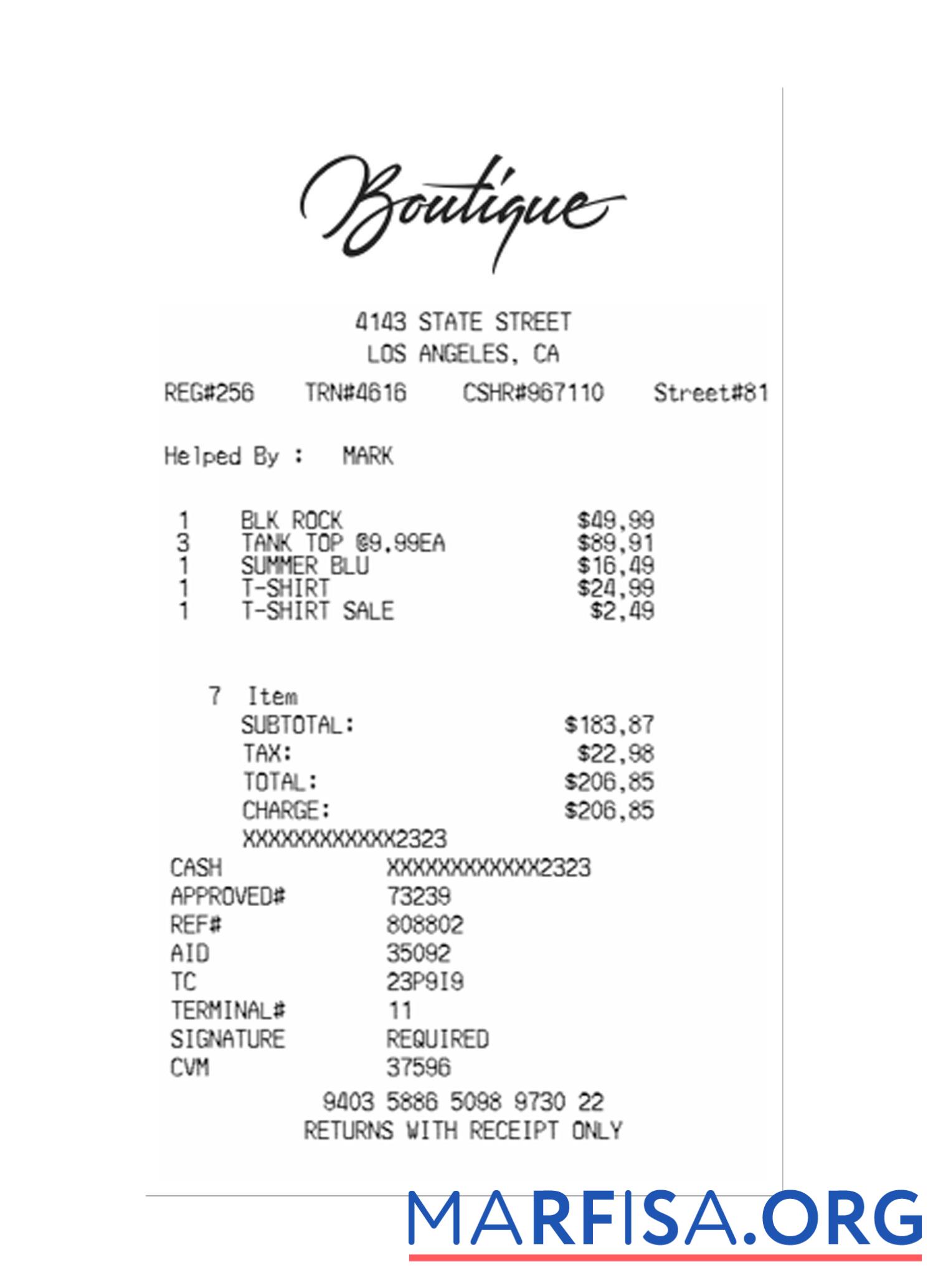 BOUTIQUE Zahlung Quittung Vorlage