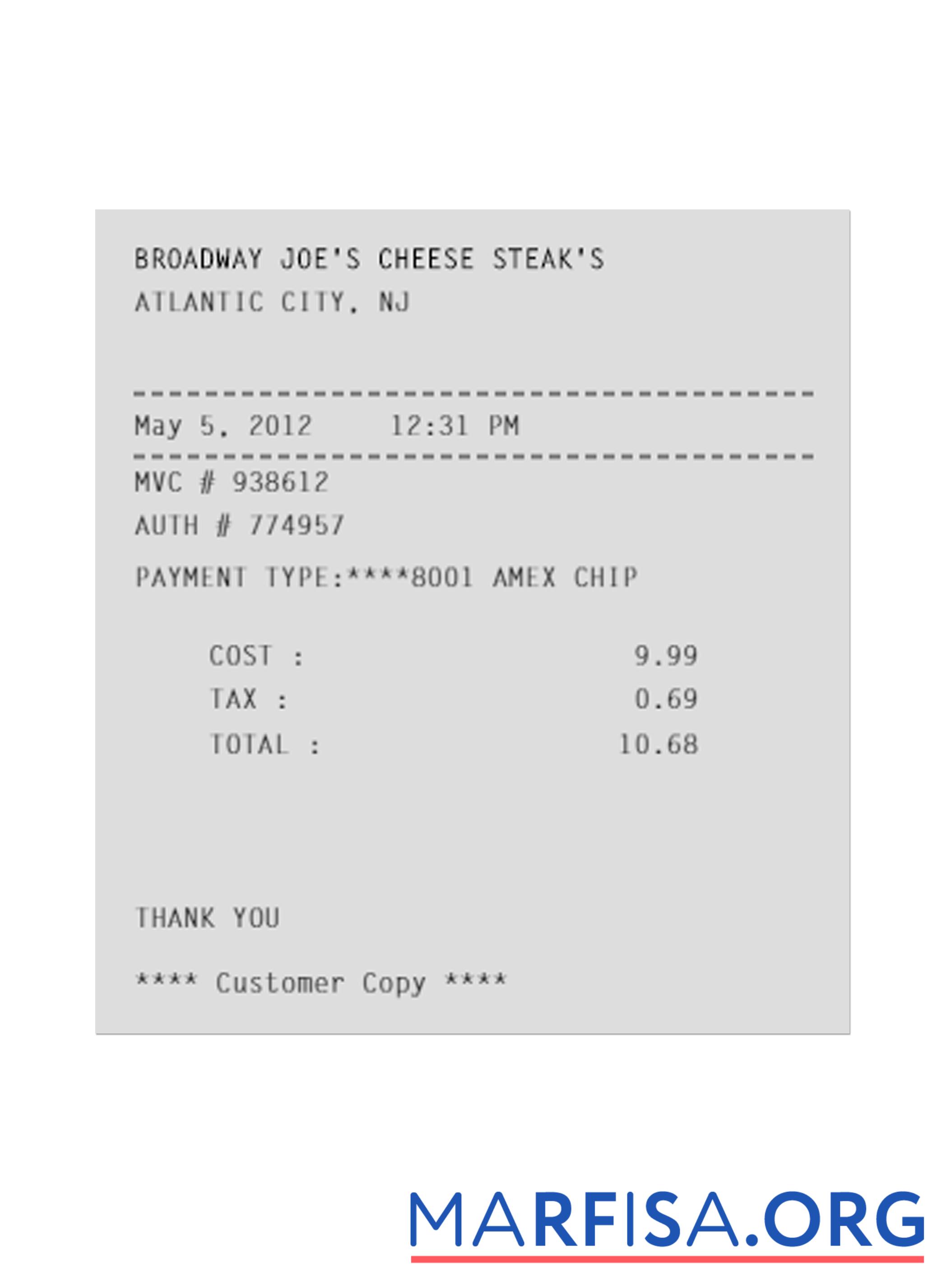 BROADWAY JOE'S CHEESE STEAK'S Zahlung Quittung Vorschau
