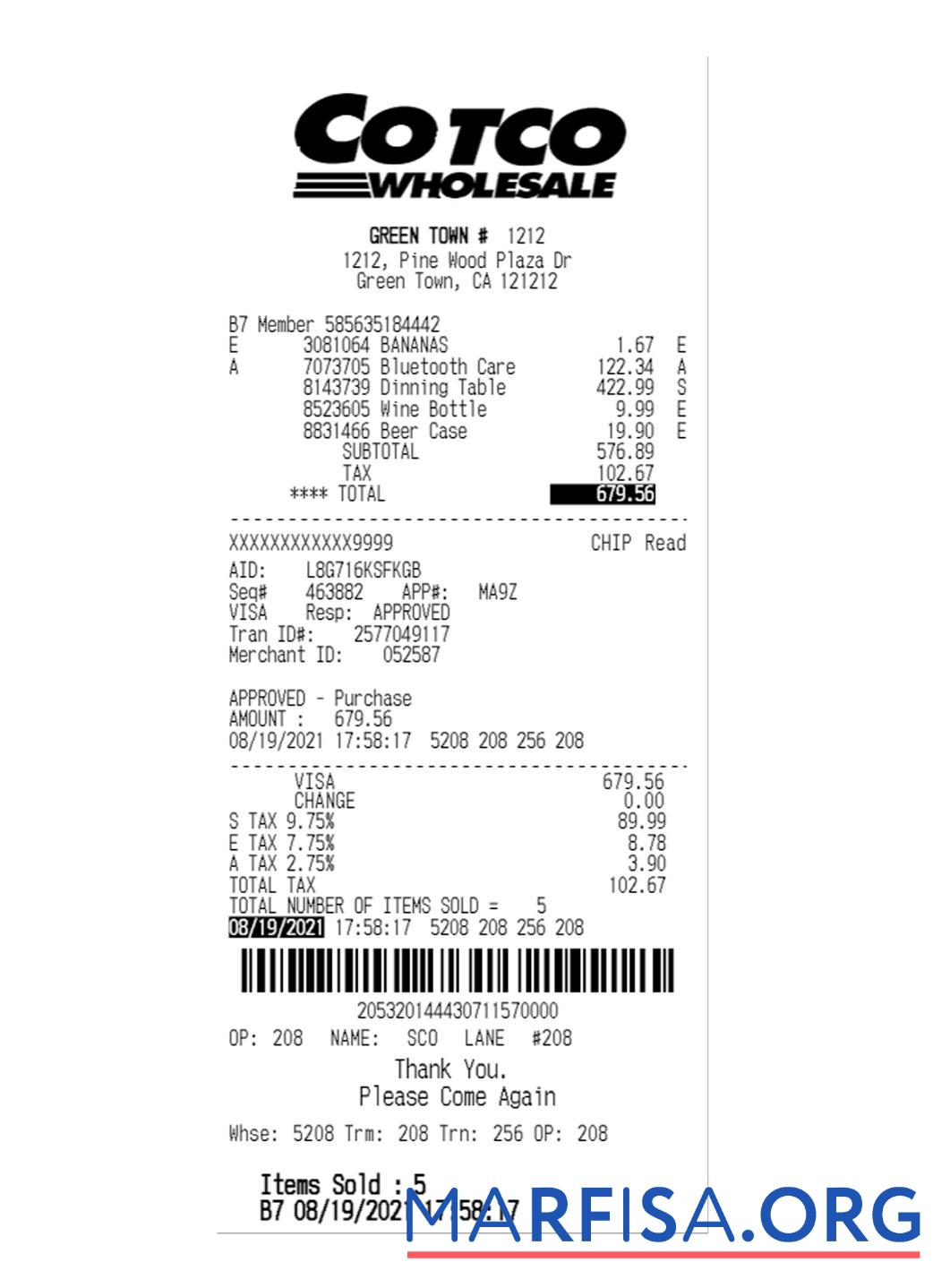 COTCO WHOLESALE Zahlung Quittung Vorlage