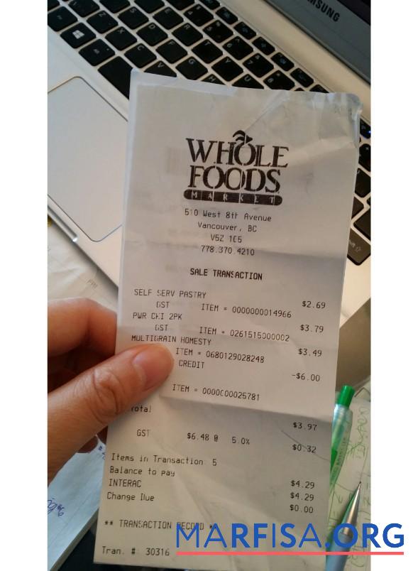 Kanada Whole foods market Zahlung Quittung Probe