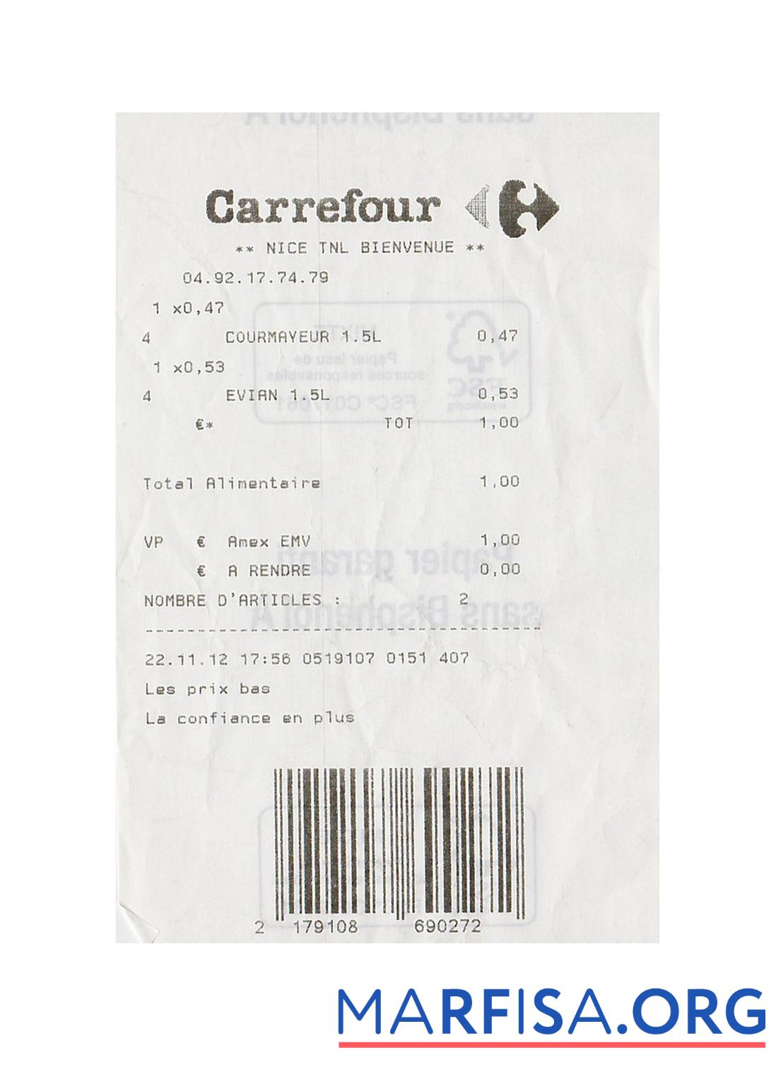 Carrefour supermarket Zahlung Quittung Vorlage