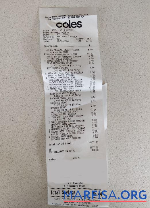Coles supermarket Zahlung Quittung Probe