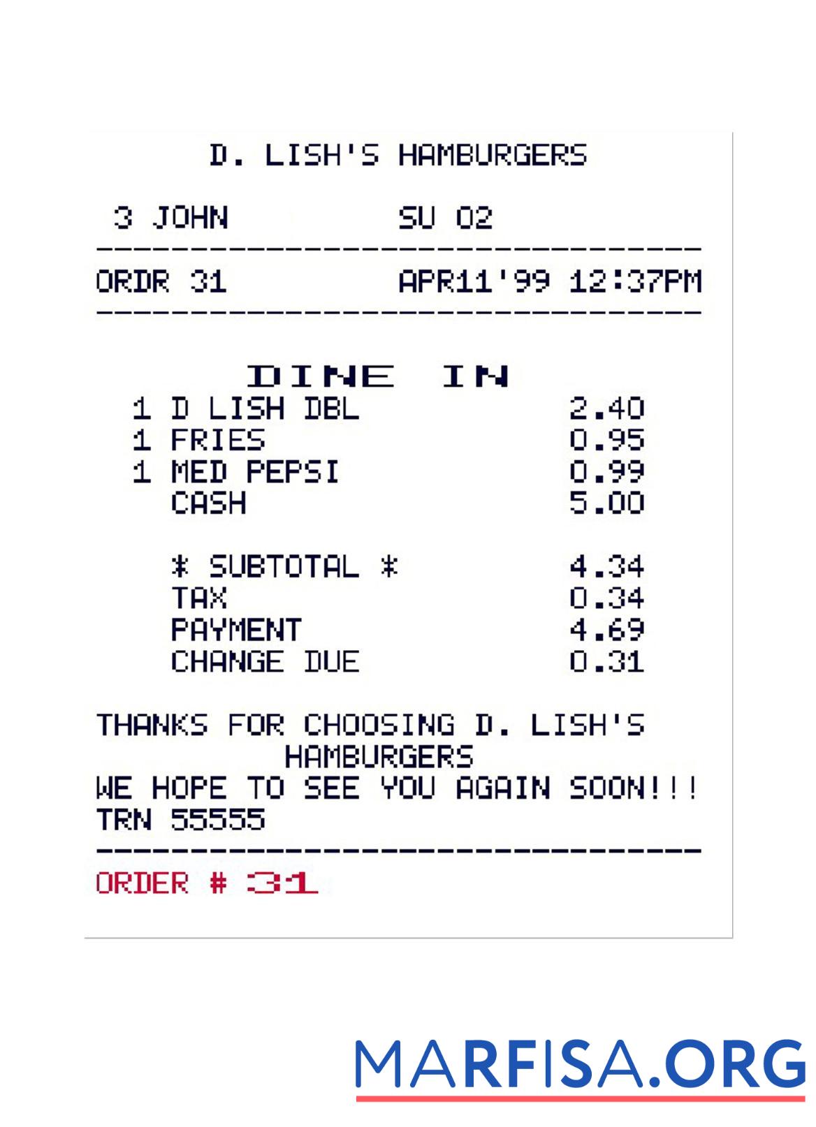 D. LISH'S HAMBURGERS Zahlung check Design