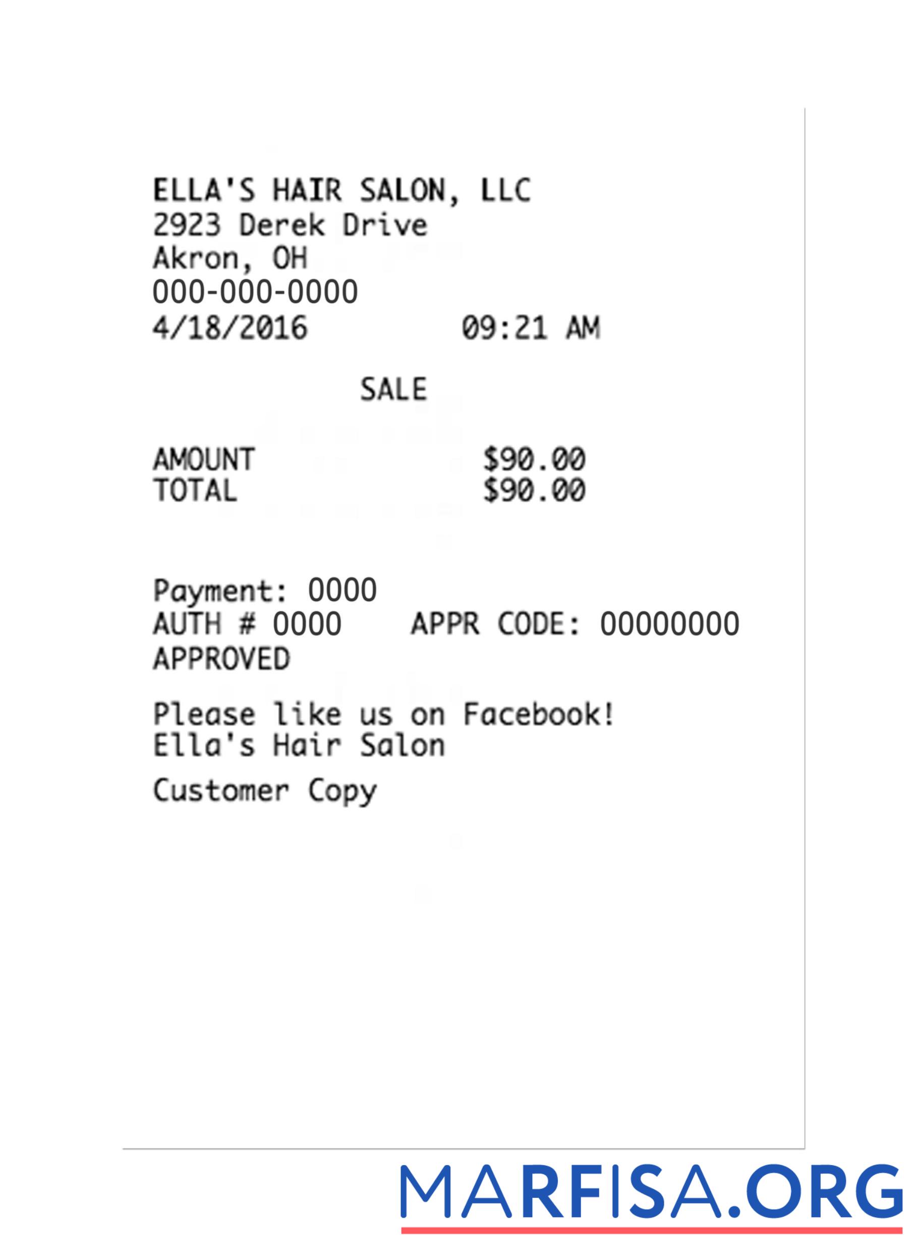 ELLA'S HAIR SALON LLC Zahlung Quittung Vorschau
